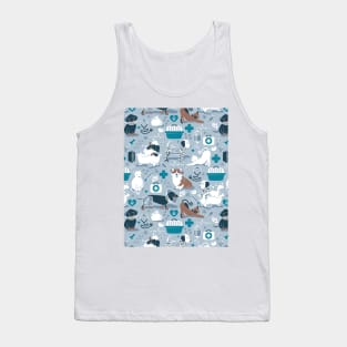 Veterinary medicine, happy and healthy friends // pattern // pastel blue background turquoise details navy blue white and brown cats dogs and other animals Tank Top